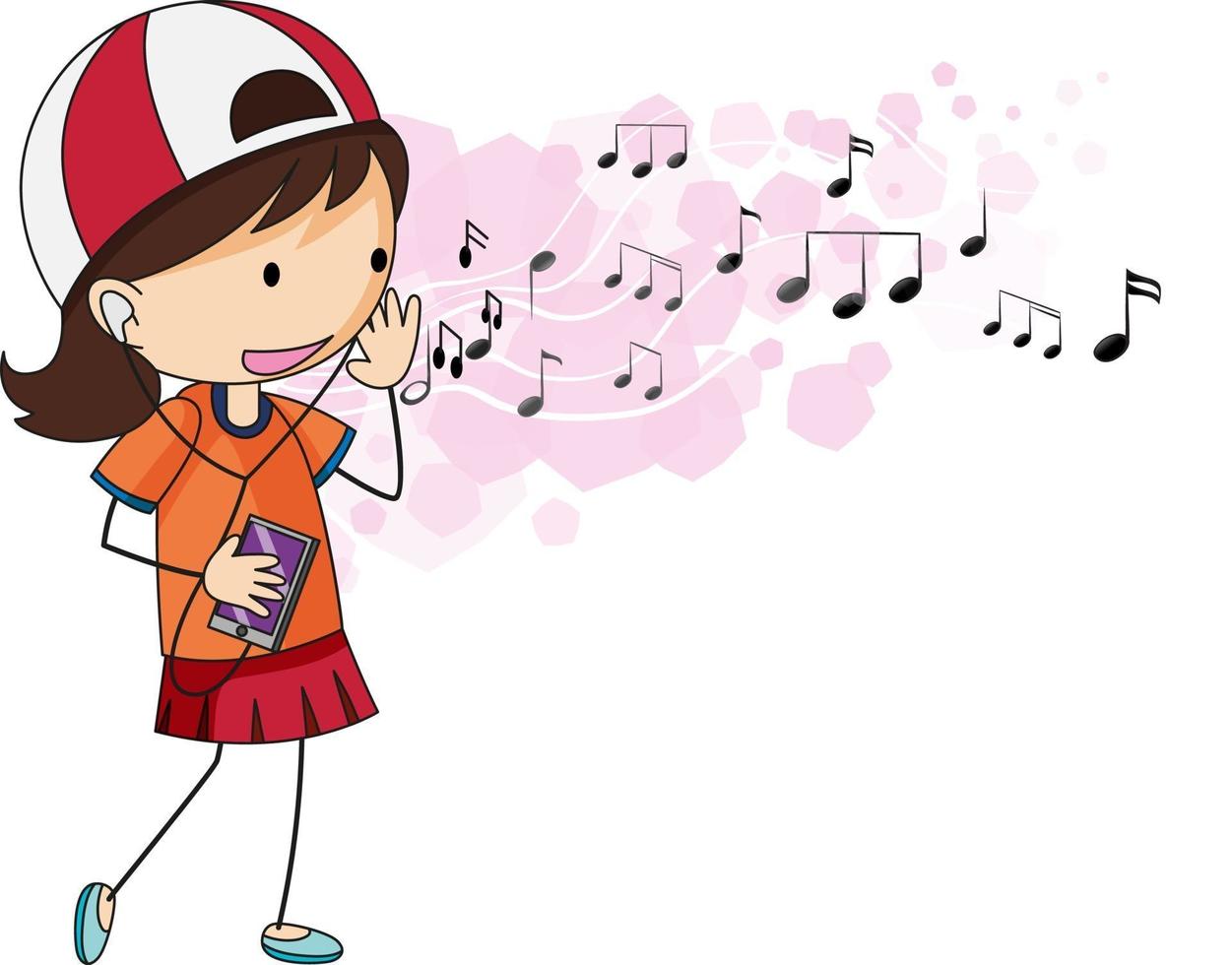 Gekritzelzeichentrickfilm-figur eines Mädchens, das Musik mit musikalischen Melodiesymbolen hört vektor