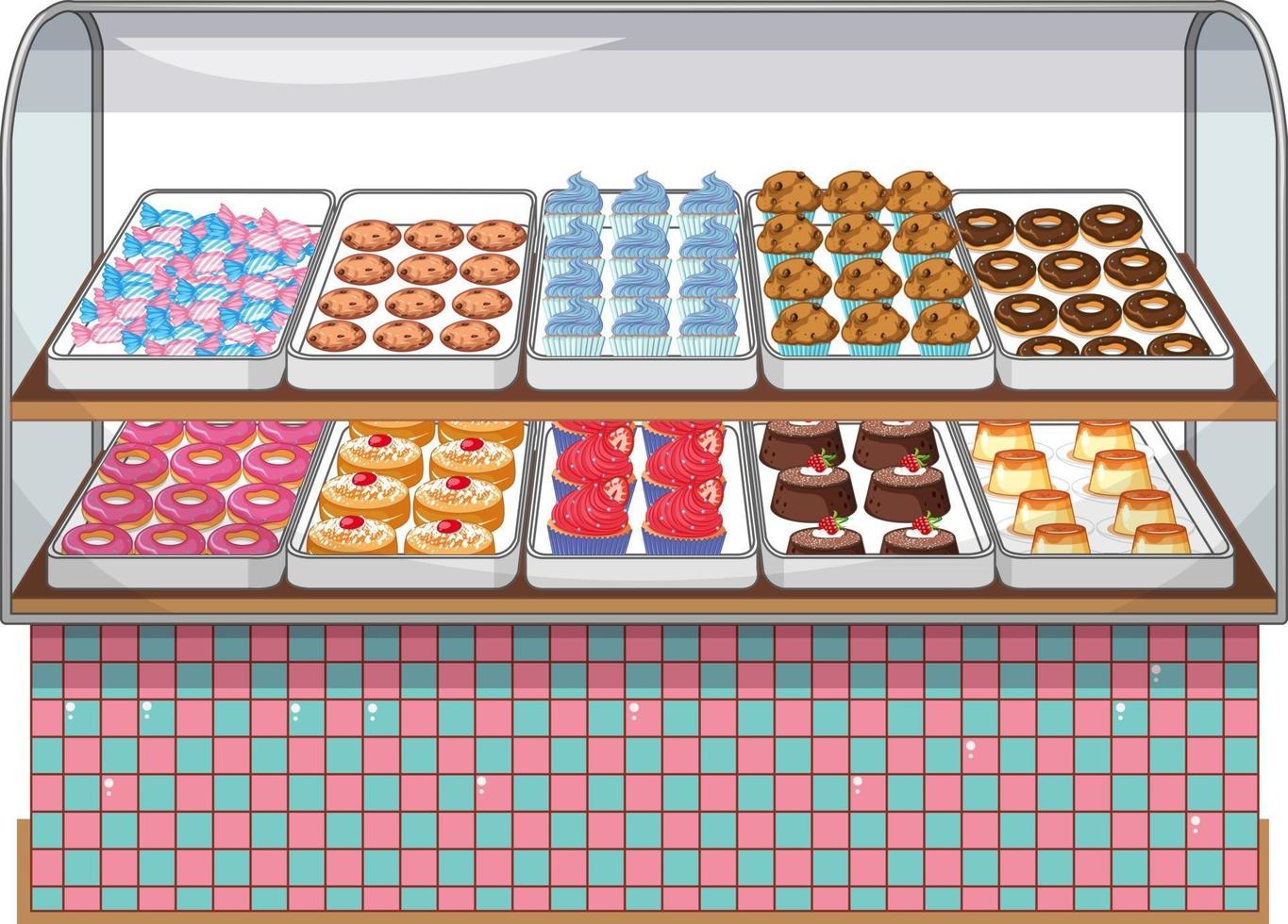 Bäckerei-Ausstellungsstand mit Kuchen und Süßem auf weißem Hintergrund vektor