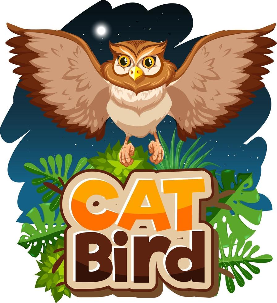 Eule-Cartoon-Figur an der Szene mit Cat Bird Font Banner isoliert vektor