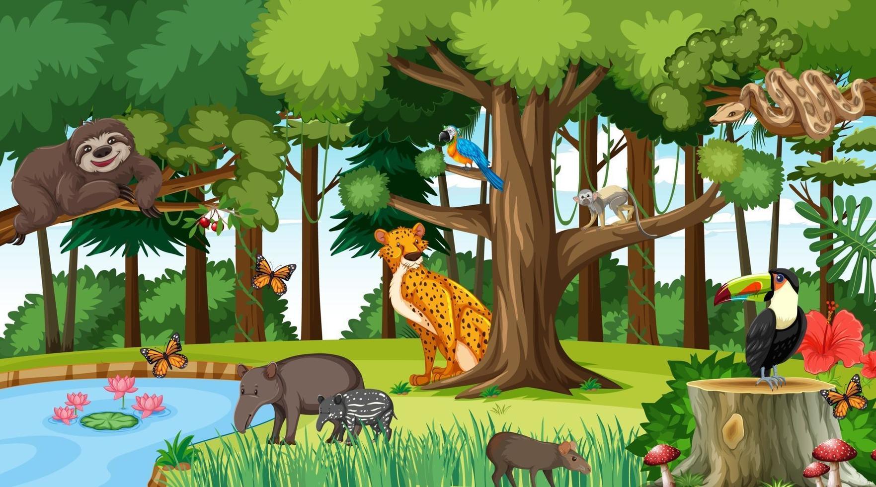 Wald am Tag Szene mit verschiedenen wilden Tieren vektor