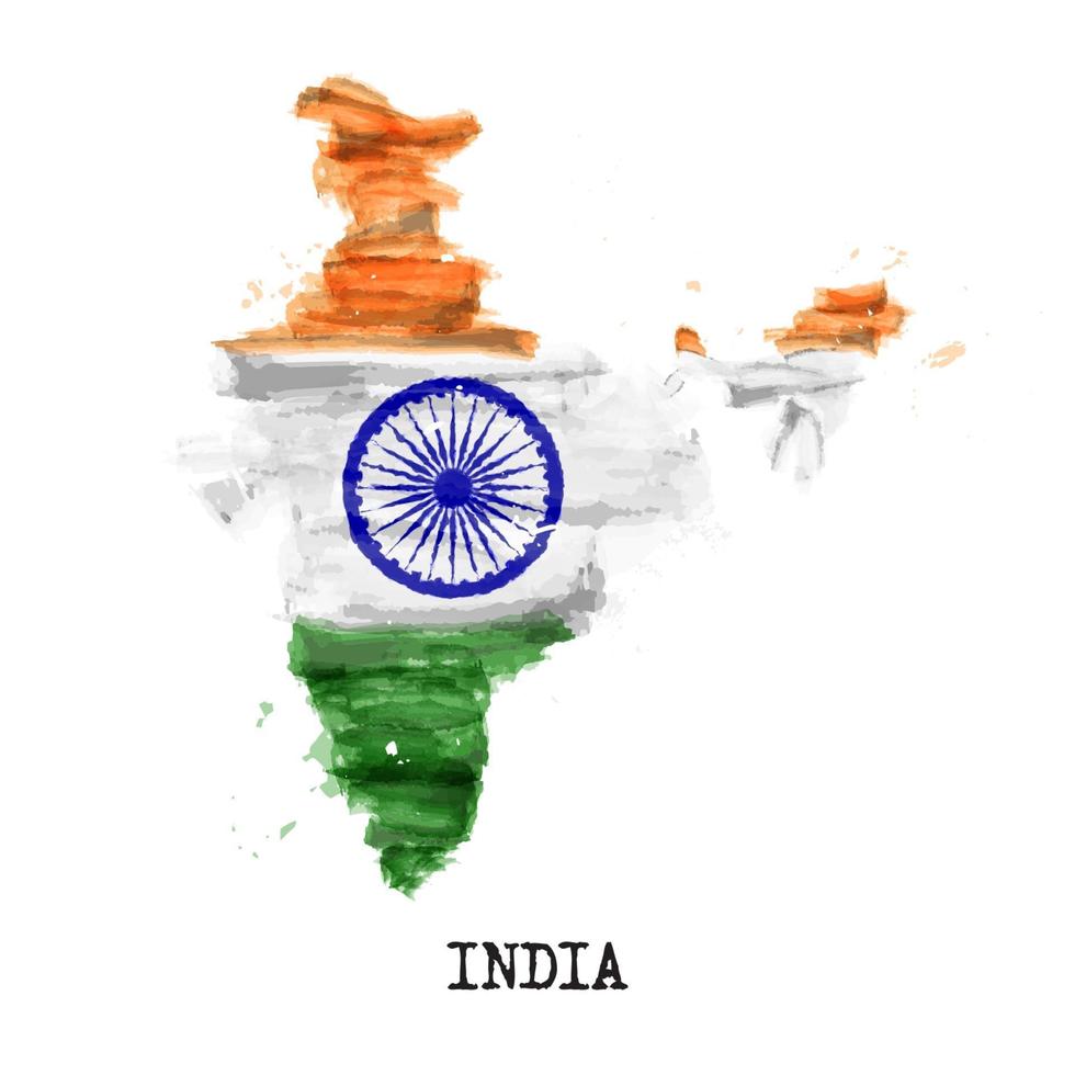 Indien flagga akvarellmålning design. landskarta form. idrottslag och självständighetsdagskoncept 15 augusti 1947. vektor .