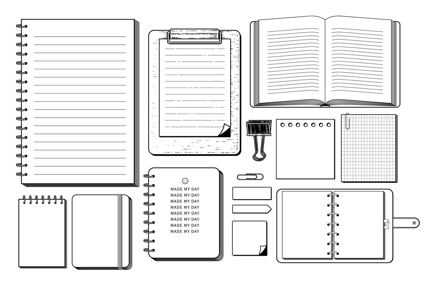 Satz von handgezeichneten dekorativen Materialelementen des Briefpapiers. Buch, Notizbuch, Post-It, Büroklammer und Bulldog-Clip-Skizzenillustration vektor