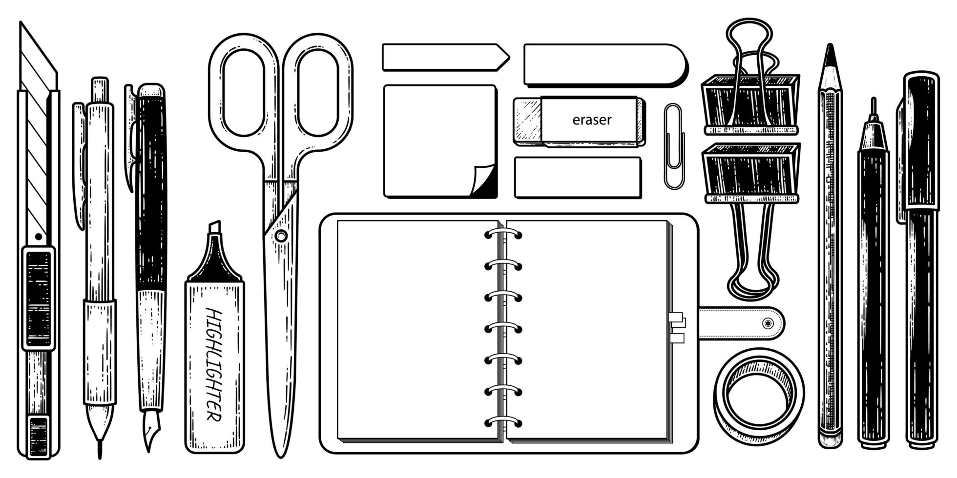 Vintage Briefpapier Elemente Sammlung handgezeichnete Skizze Abbildung. Notizbuch, Post-It, Büroklammer, Schere, Bleistift, Stift, Gummi, Klebeband, Textmarker und Cutter-Vektor vektor