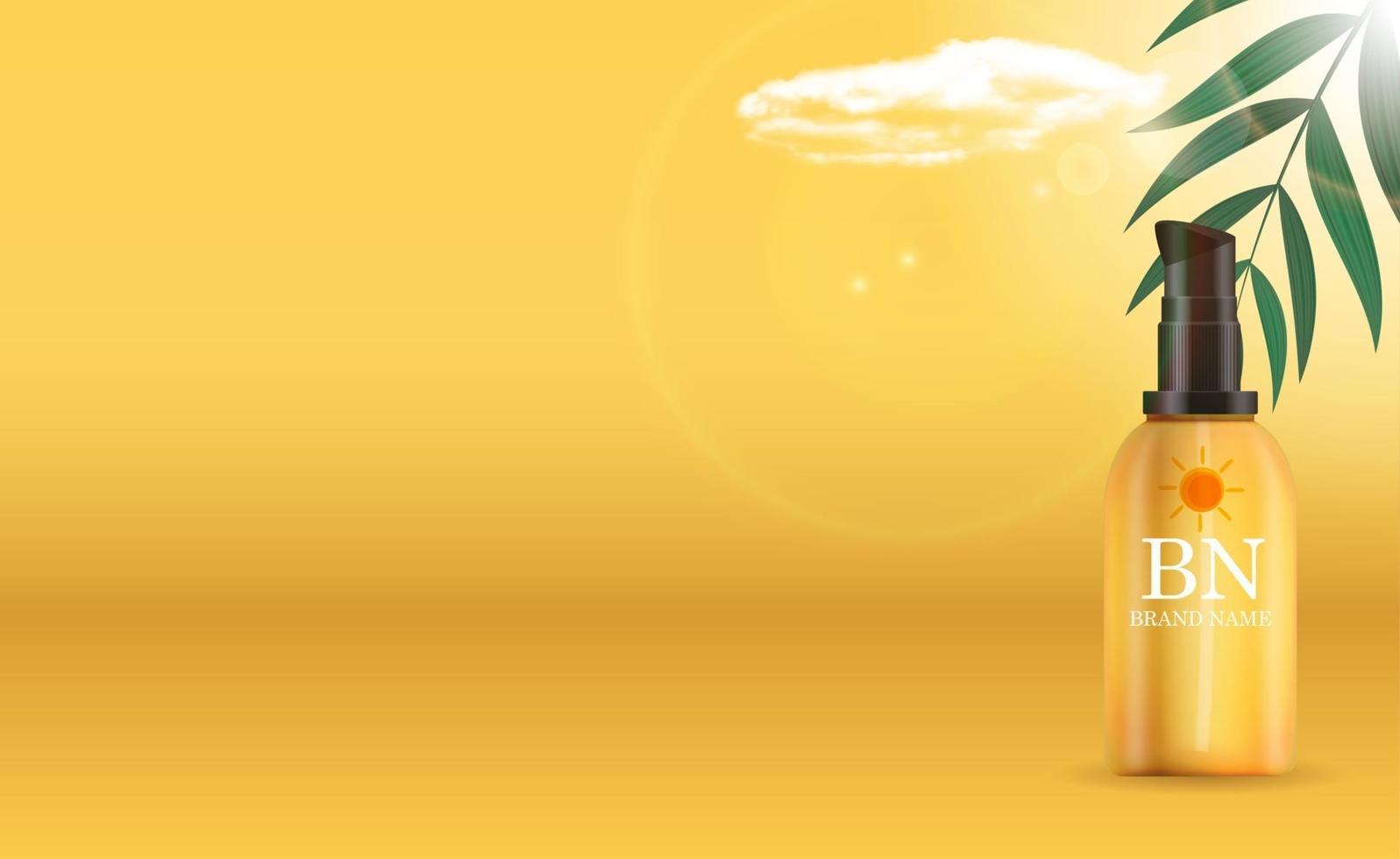 3D realistische Sonnenschutzcremeflasche auf sonnigem gelbem Hintergrund mit Palmblättern. Designvorlage des Modekosmetikprodukts. Vektorillustration vektor