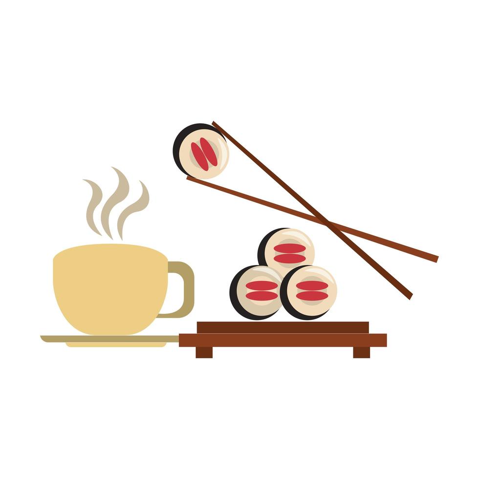 Restaurant Essen und Küche Sushi mit Essstäbchen und eine Kaffeetasse Symbol Cartoons Vektor Illustration Grafikdesign