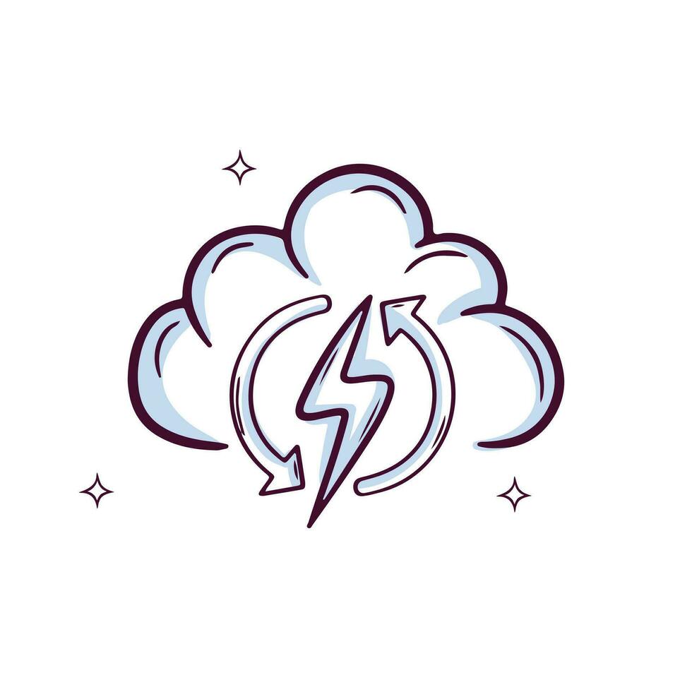 hand dragen moln ikon med förnybar energi symbol. klotter skiss vektor illustration