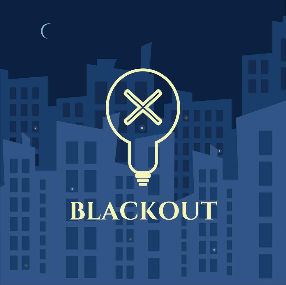 Nacht Stadt Blackout, Vektor Illustration. Leistung Ausfall. Stadtbild mit Mond und Wolkenkratzer Gebäude Silhouetten ohne Elektrizität. dunkel Stadt.