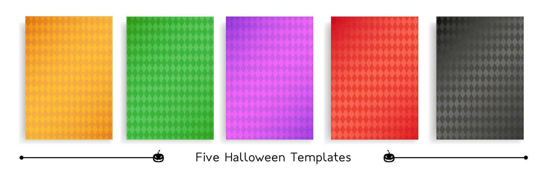fem halloween fyrkant mallar, enda romb mönster i traditionell halloween färger, grupp av vektor fyrkant bakgrunder.