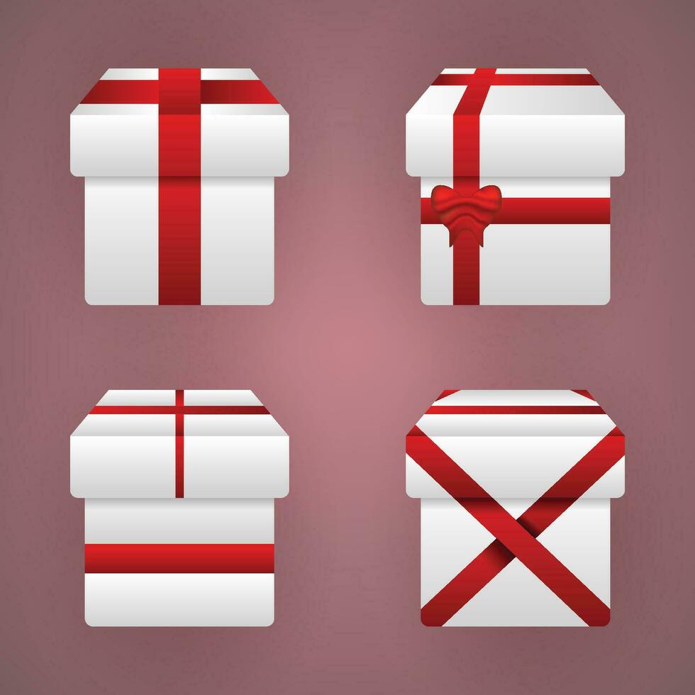 einstellen von Weiß Geschenk Kisten mit rot Band auf Gradient Hintergrund, Vektor Illustration