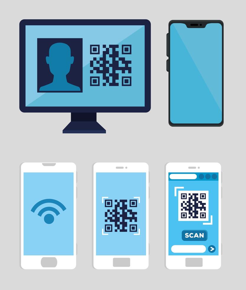 set smartphones und computer mit code qr set vektor