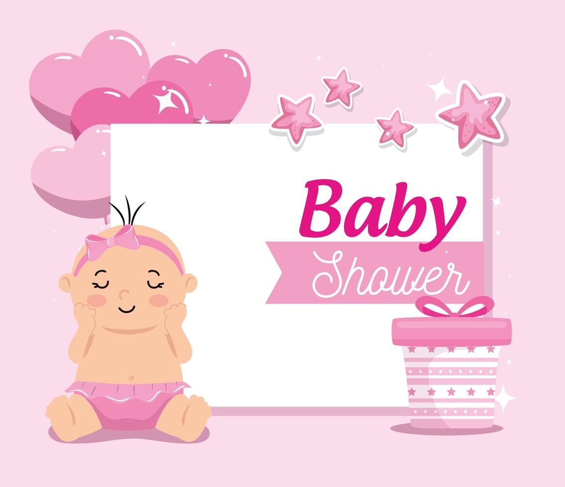 Babypartykarte mit Babymädchen und Dekoration vektor