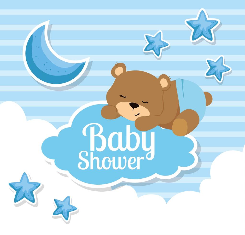 baby shower kort med söt björn och dekoration vektor
