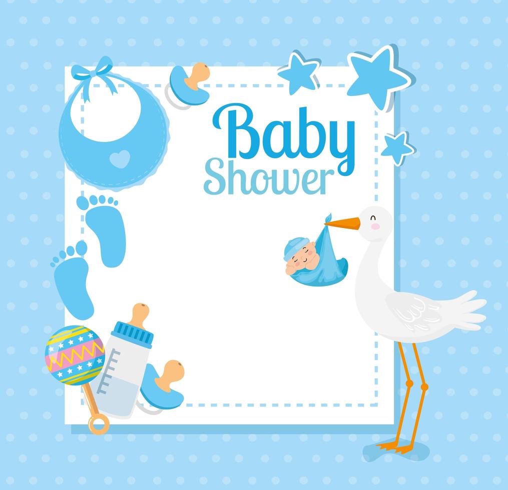 baby shower-kort med stork och dekoration vektor