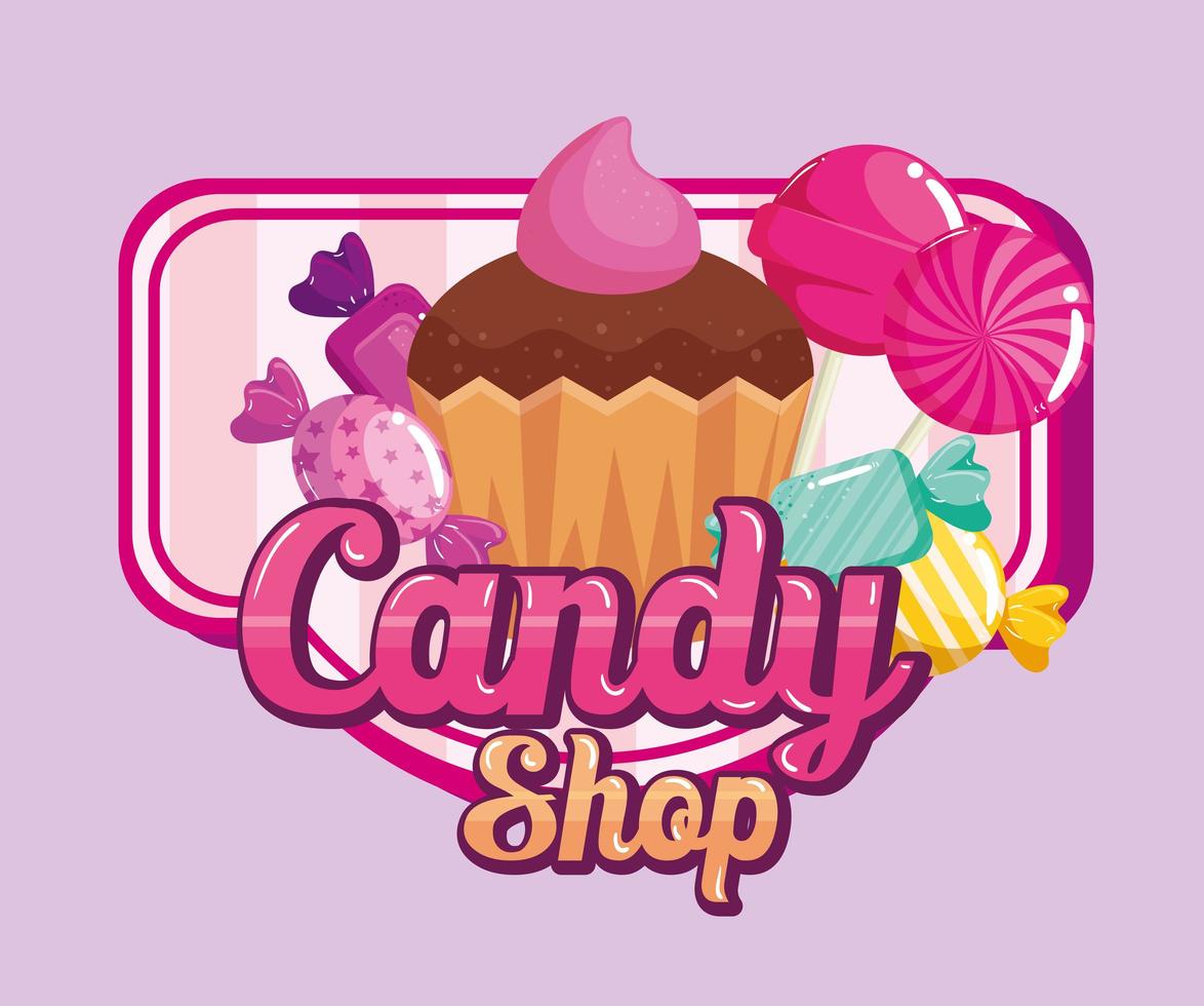Poster des Süßwarenladens mit Cupcake und Süßigkeiten vektor