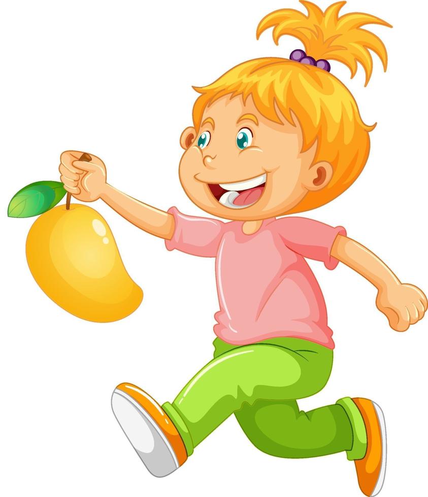 ein Junge, der Mangofruchtkarikaturfigur lokalisiert auf weißem Hintergrund hält vektor