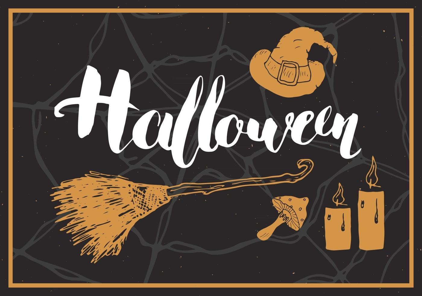 Halloween-Grußkarte. Schriftzug Kalligraphie Zeichen und Hand gezeichnete Elemente, Party Einladung oder Urlaub Banner Design Vektor-Illustration vektor