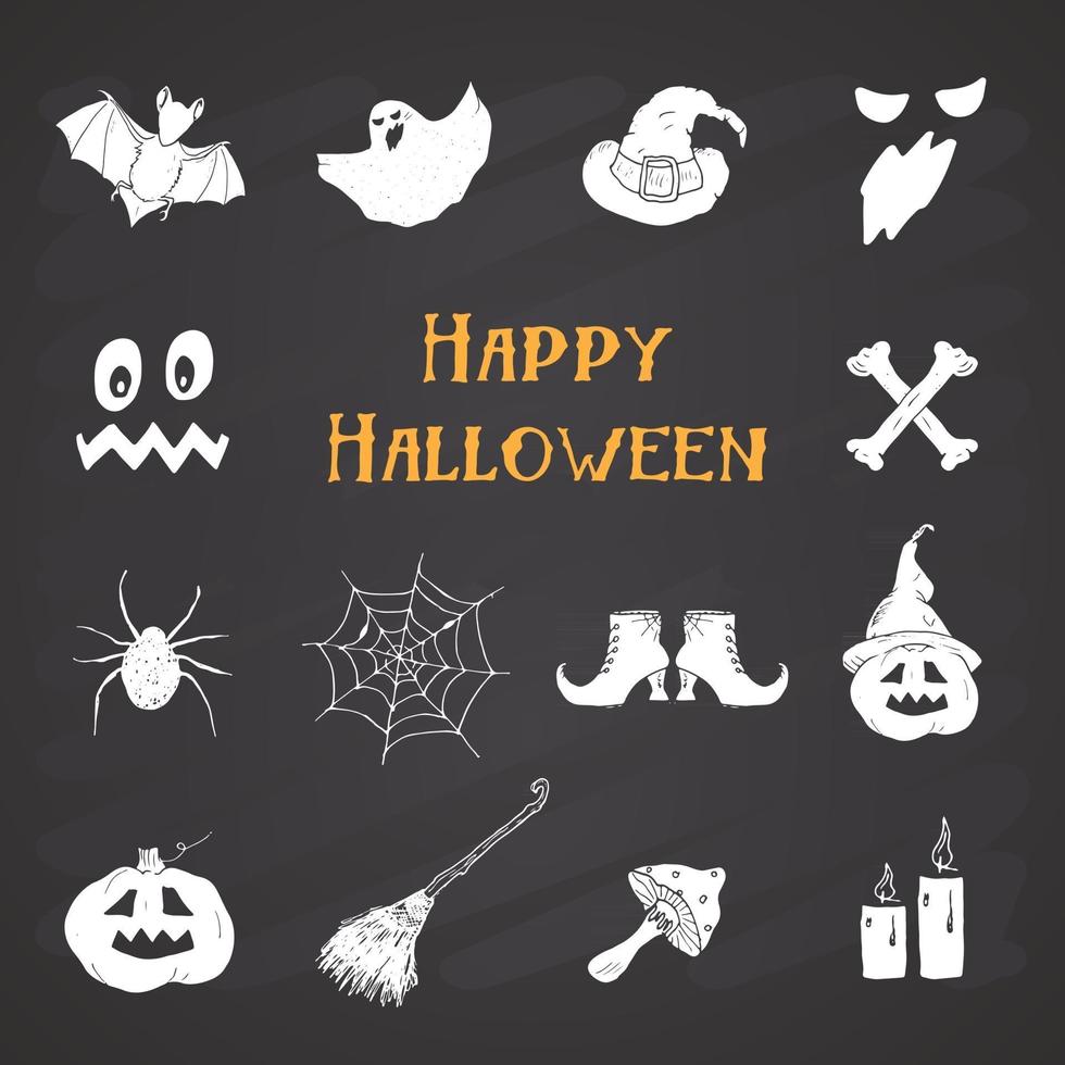 Halloween Icons Set, handgezeichnete Designelemente, Vektorillustration auf Tafelhintergrund vektor