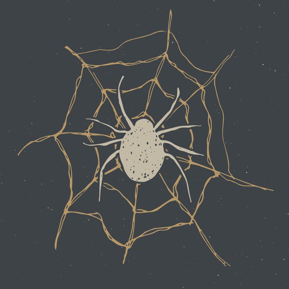Spinnen- und Web-Vintage-Label, handgezeichnete Skizzen-Halloween-Grußkarte, Grunge-strukturiertes Retro-Abzeichen, Typografie-Design-T-Shirt-Druck, Vektorillustration vektor