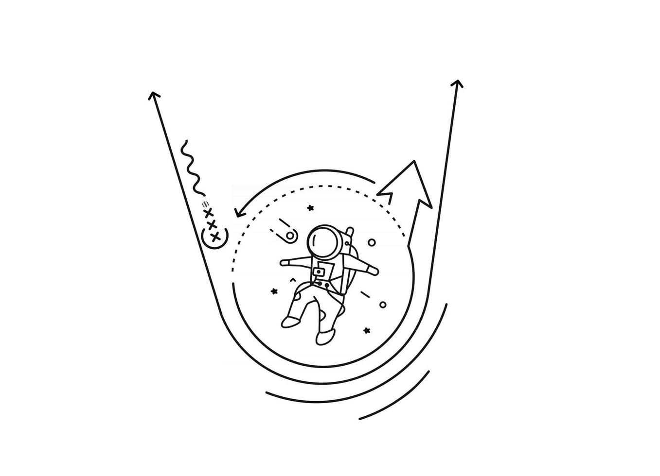 astronaut faller ner platt cirkel linje konst design illustration. vektor