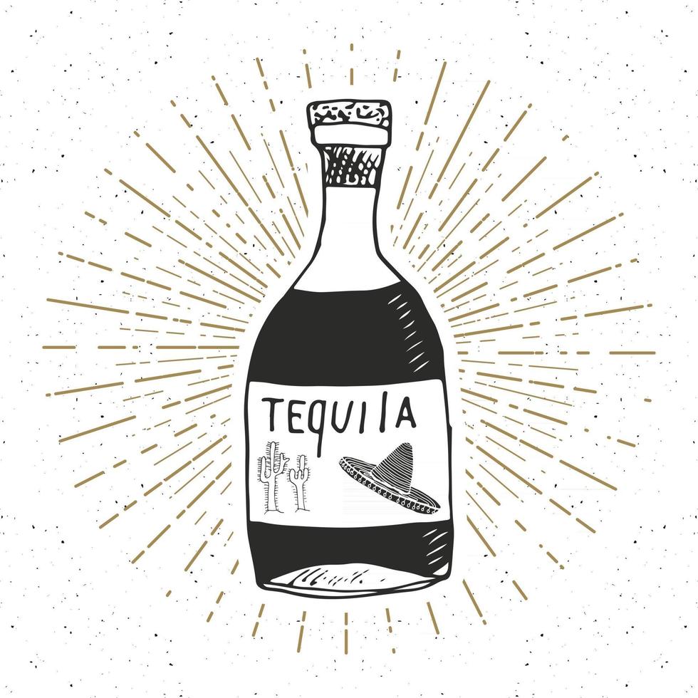 vintage etikett, handdragen flaska tequila mexikansk traditionell alkohol dryck skiss, grunge texturerat retro badge, emblem design, typografi t-shirt tryck, vektor illustration