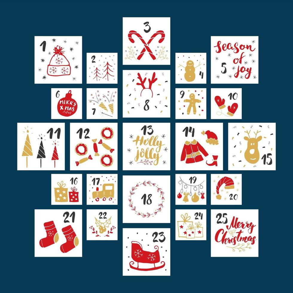 jul adventskalender. handritade element och siffror. vinterhelgkalenderkort setdesign, vektorillustration vektor