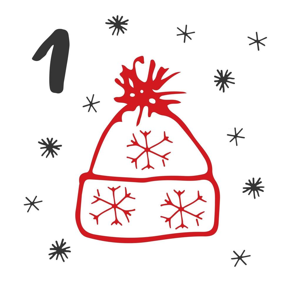 jul adventskalender. handritade element och siffror. vinterferiekalenderkortdesign, vektorillustration vektor