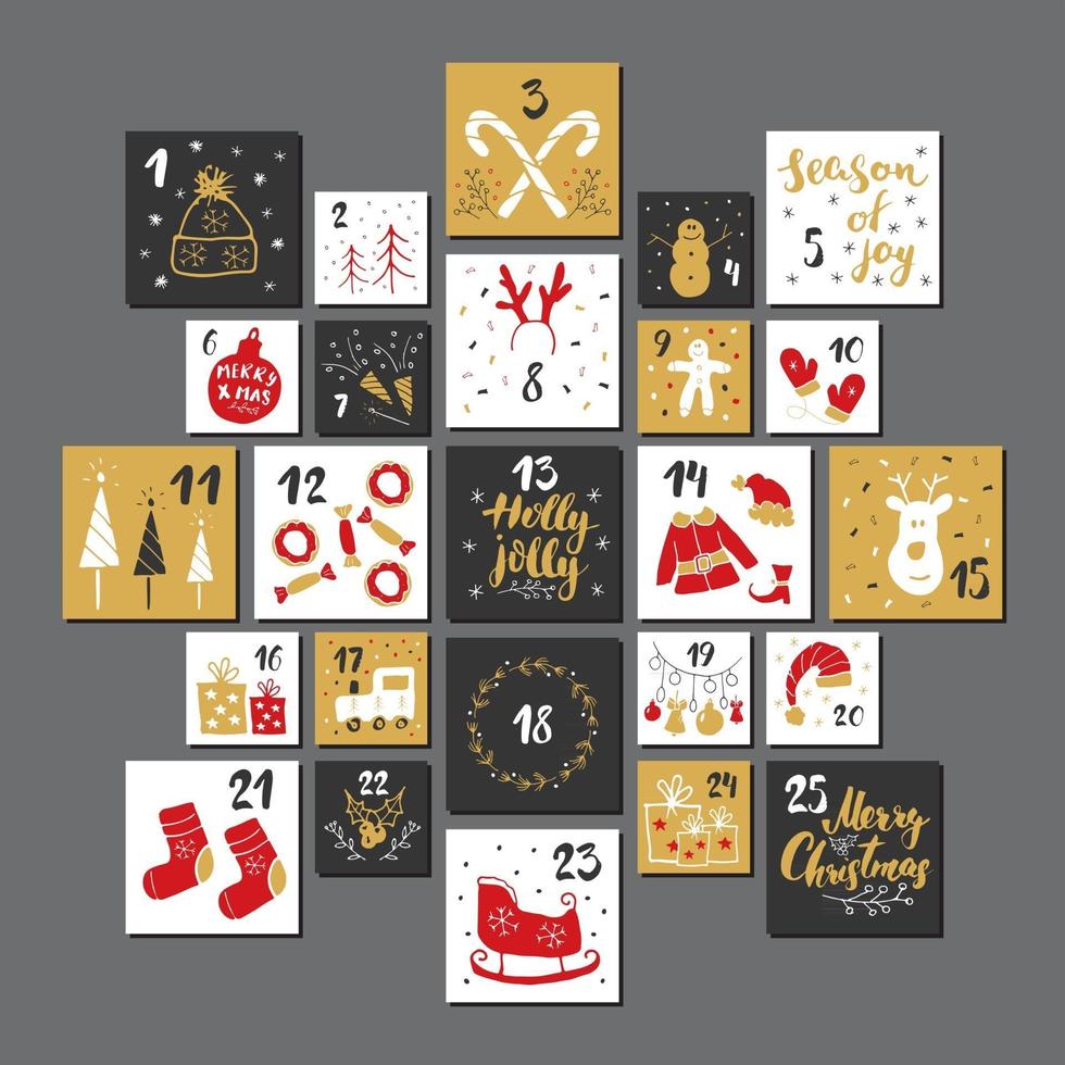 jul adventskalender. handritade element och siffror. vinterhelgkalenderkort setdesign, vektorillustration vektor