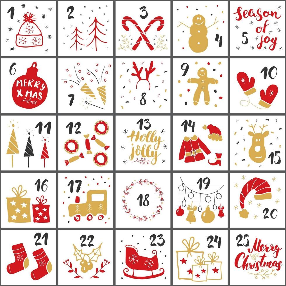 Weihnachts Adventskalender. handgezeichnete Elemente und Zahlen. Winterferien Kalender Karten Set Design, Vektor-Illustration vektor