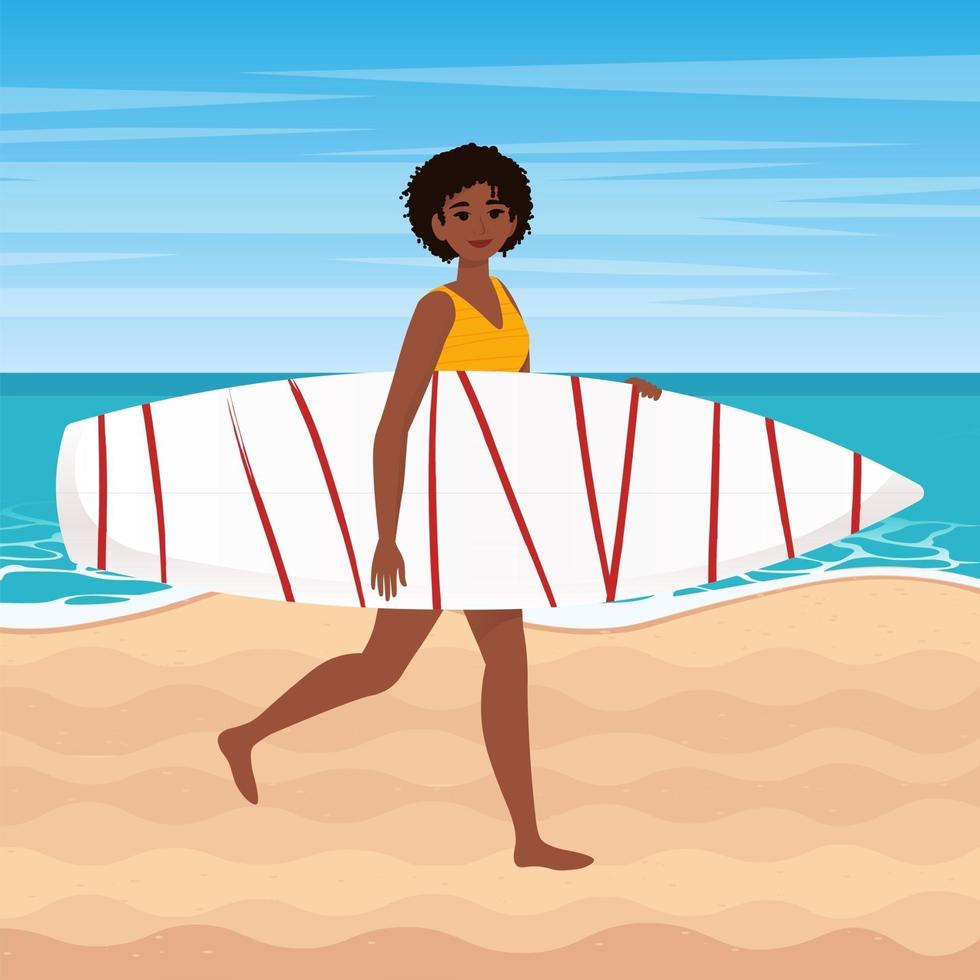 Afro-Amerikanerin in einem gelben Badeanzug geht mit Surfbrett am Strand. Vektorillustration im flachen Stil vektor
