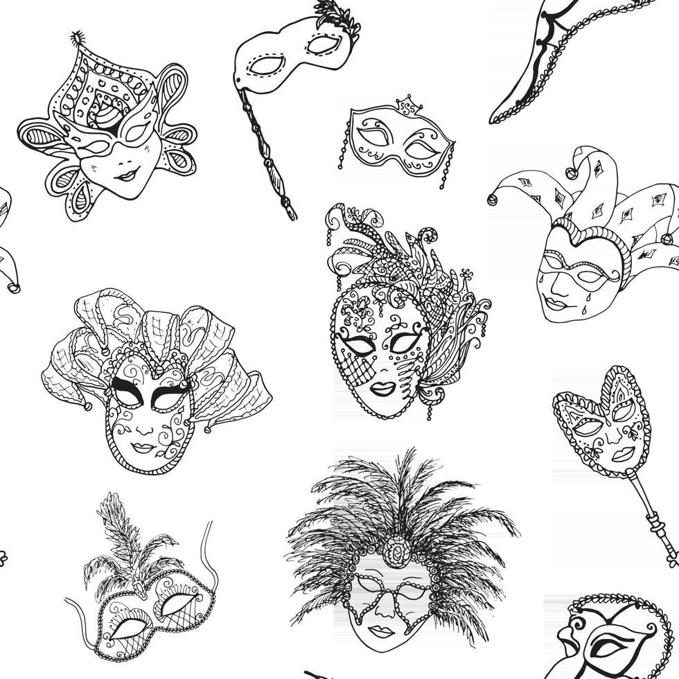Venedig Italien karneval masker sömlösa mönster. handritad skiss italiensk venetiansk festival. doodle ritning bakgrund. vektor