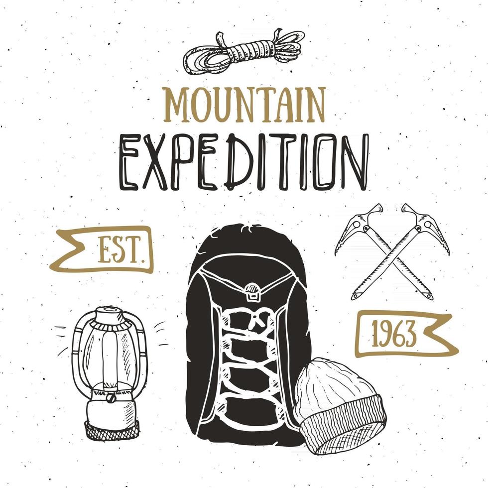 mountain expedition vintage etikett retro badge. handritad texturerat emblem utomhus vandringsäventyr och bergsutforskning, extrem sporter, grunge hipster design, typografi tryck vektorillustration vektor