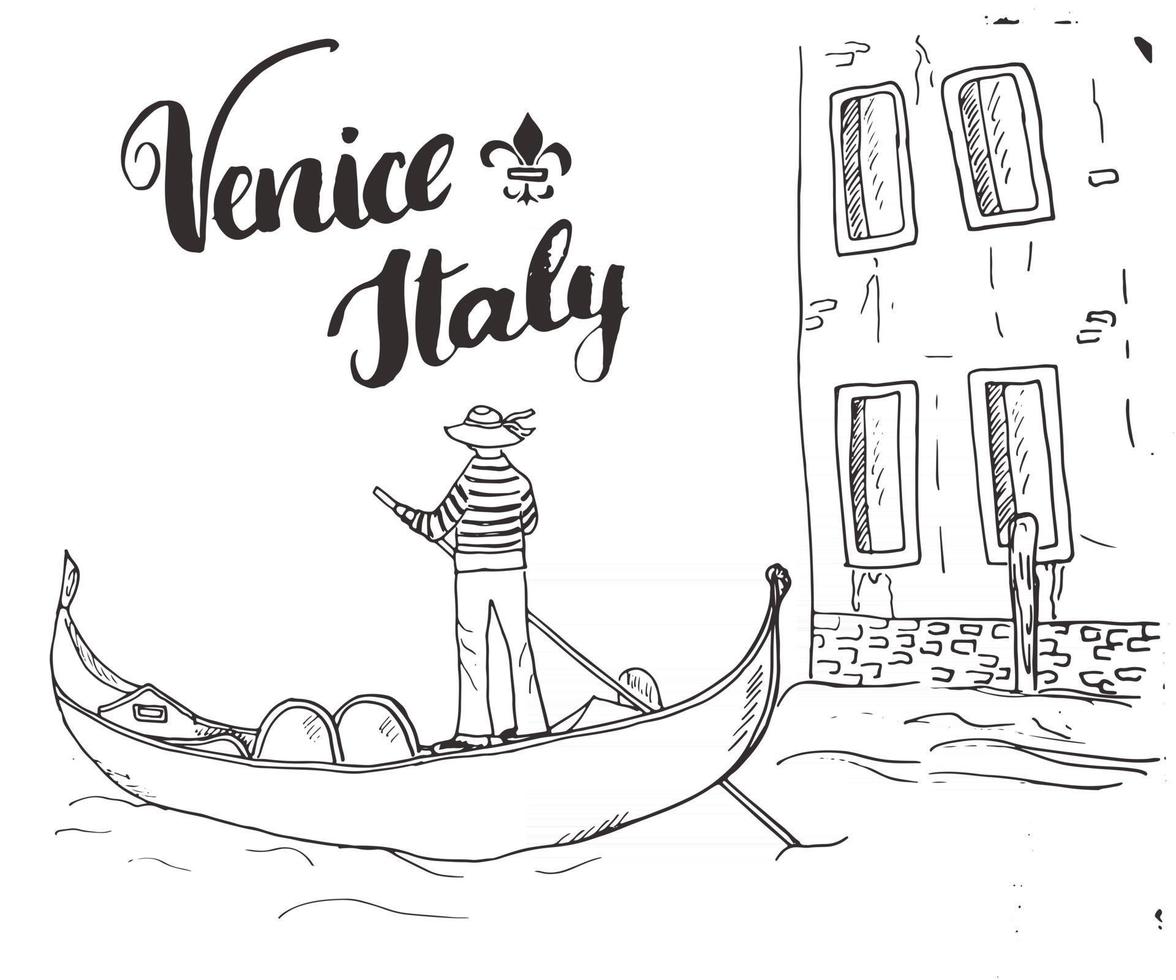 Venedig Italien Hand gezeichnete Skizze Gekritzel Gondoliere und Schriftzug handgeschriebenes Zeichen, Grunge kalligraphischen Text. Vektorillustration vektor