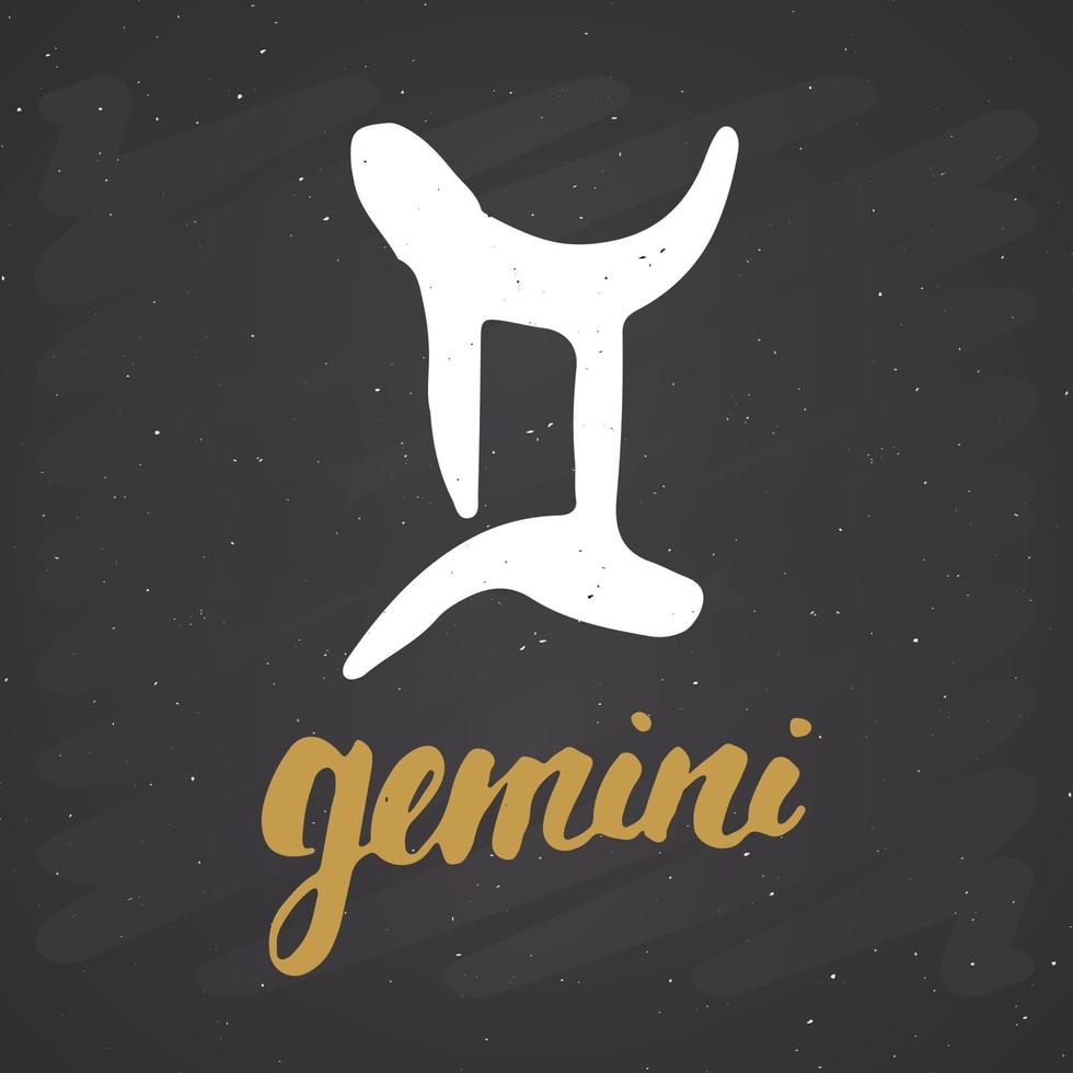 stjärntecken gemini och bokstäver. handritad horoskop astrologi symbol, grunge texturerat design, typografi tryck, vektorillustration vektor