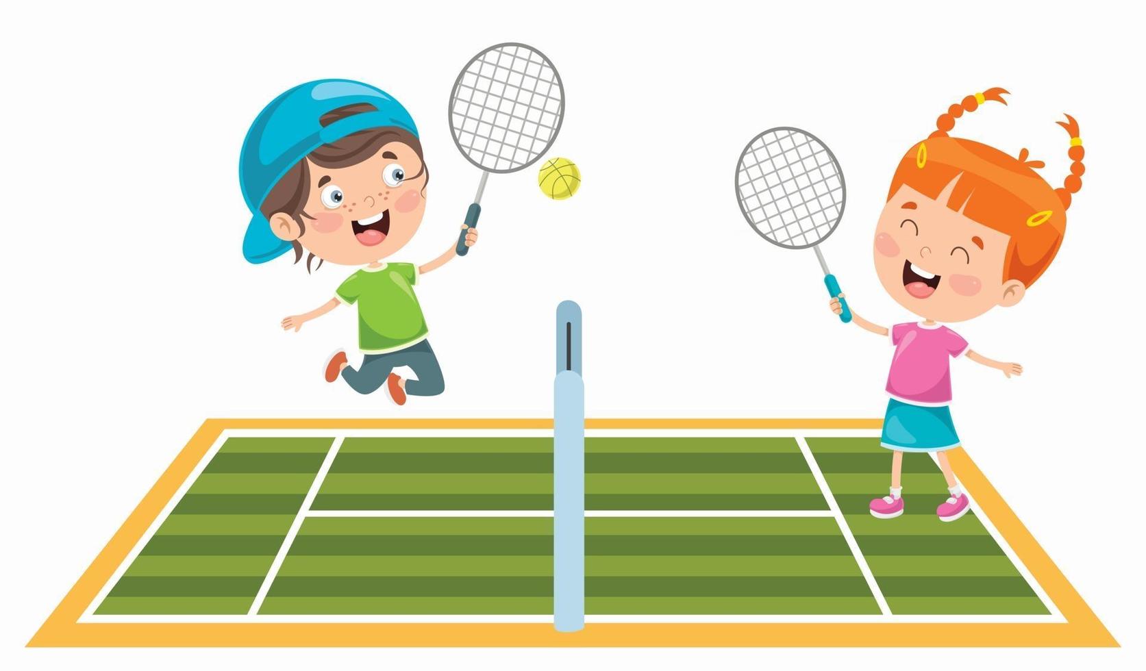 süße glückliche Kinder, die Tennis spielen vektor