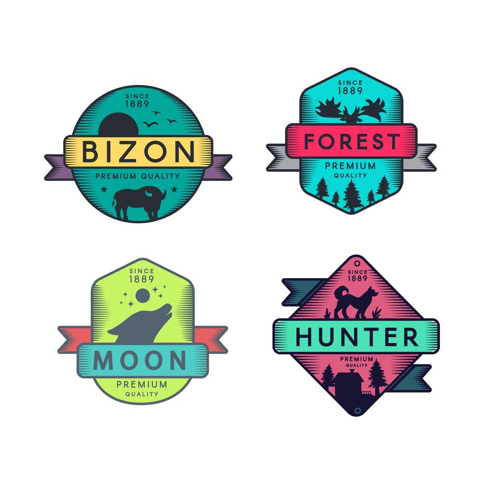 Bizon und Wald Mond und Jäger Abzeichen Set Logo vektor