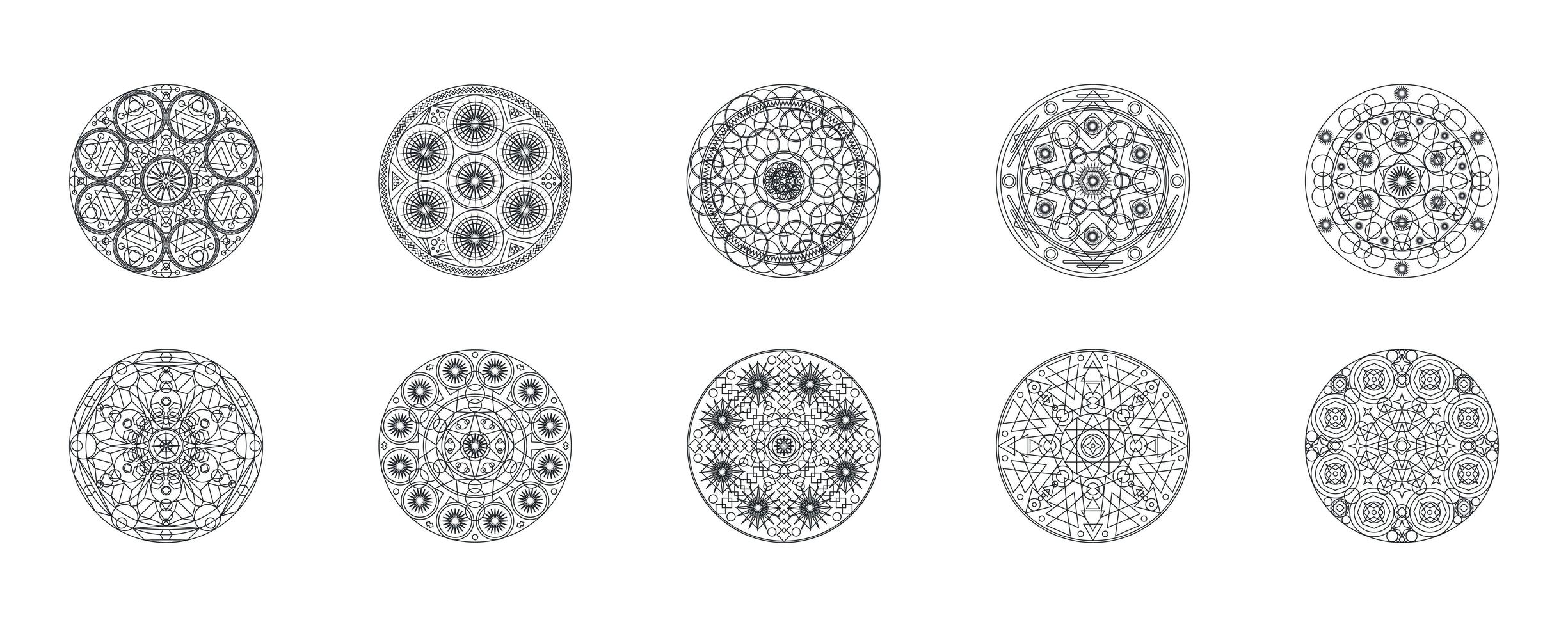 monokroma geometriska mandalas tunn linje vektorillustrationer set vektor