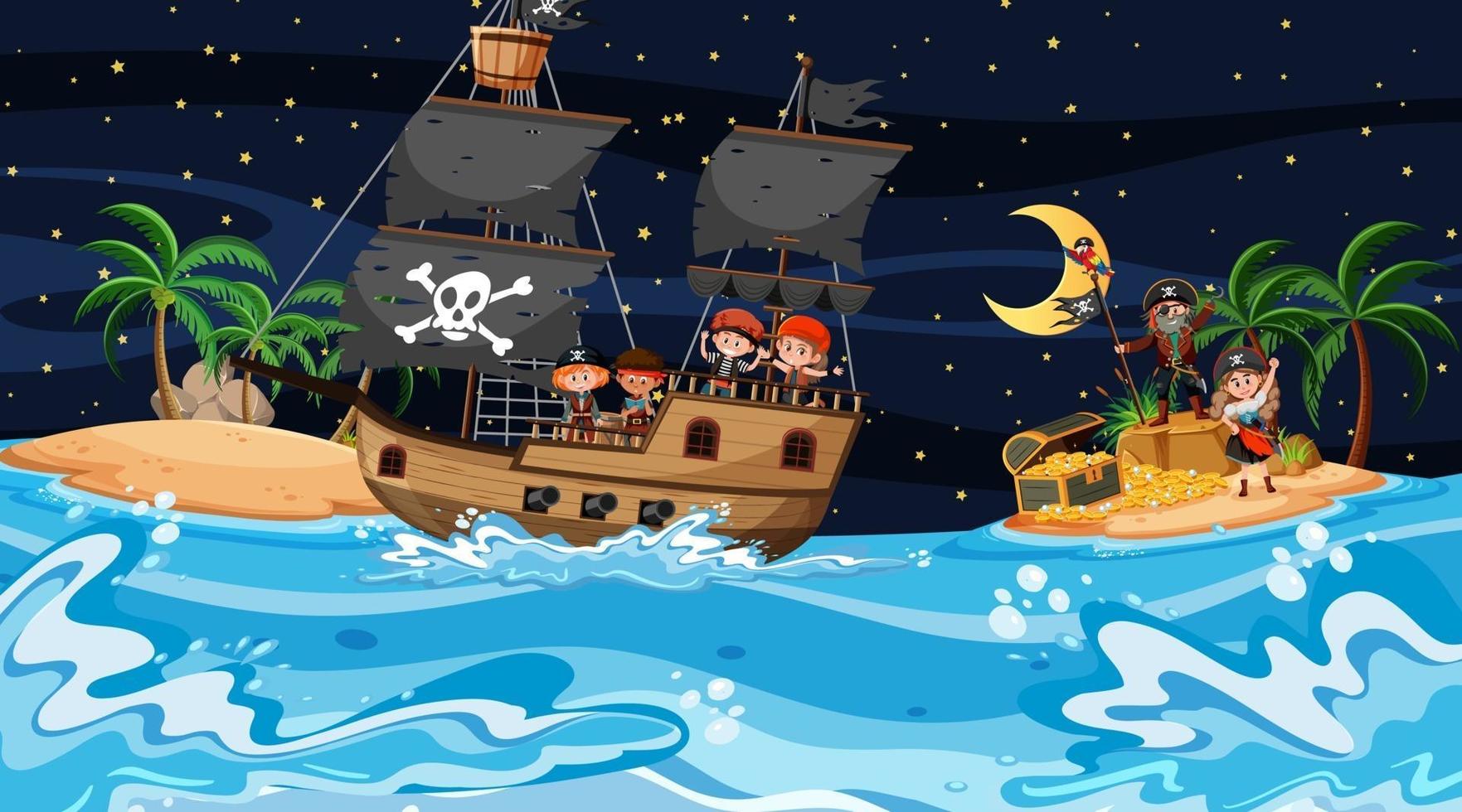 Schatzinselszene bei Nacht mit Piratenkindern auf dem Schiff vektor