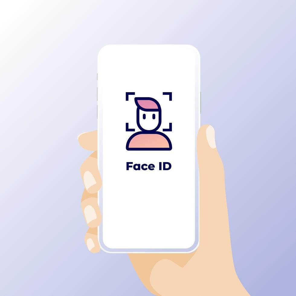 ansiktsigenkänning koncept. ansikts-id, ansiktsigenkänningssystem. hand som håller smartphone med mänskligt huvud och skanningsapp på skärmen. modern applikation. vektor