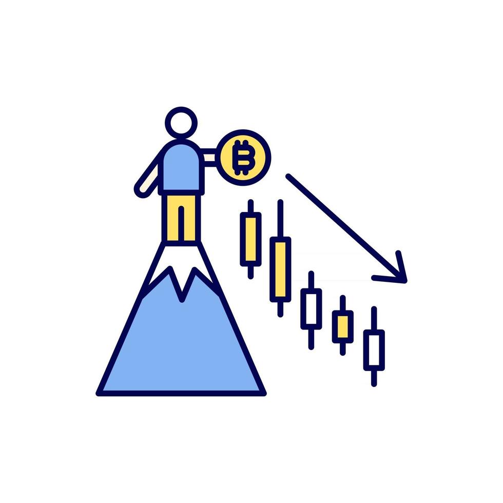 ein Mann mit einem Bitcoin steht oben auf dem Hügel, aber der Preischart geht nach unten. Kryptowährungsmarkt fällt. vektor