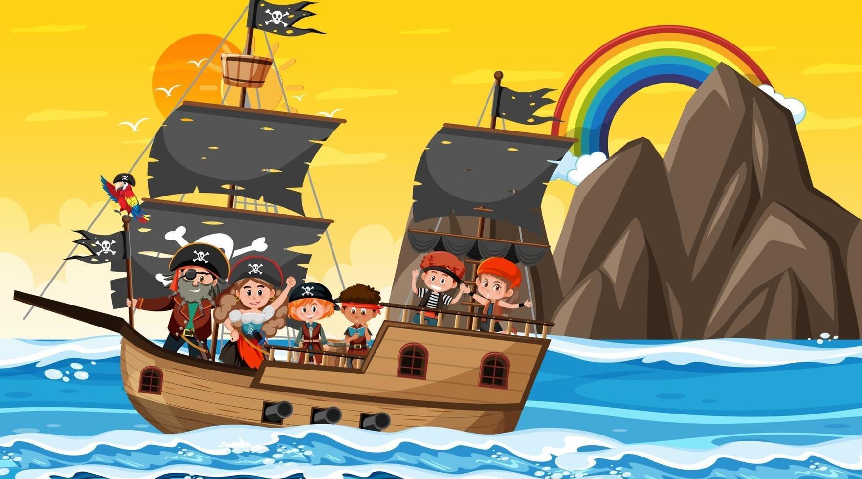 Ozeanszene zur Sonnenuntergangszeit mit Piratenkindern auf dem Schiff vektor