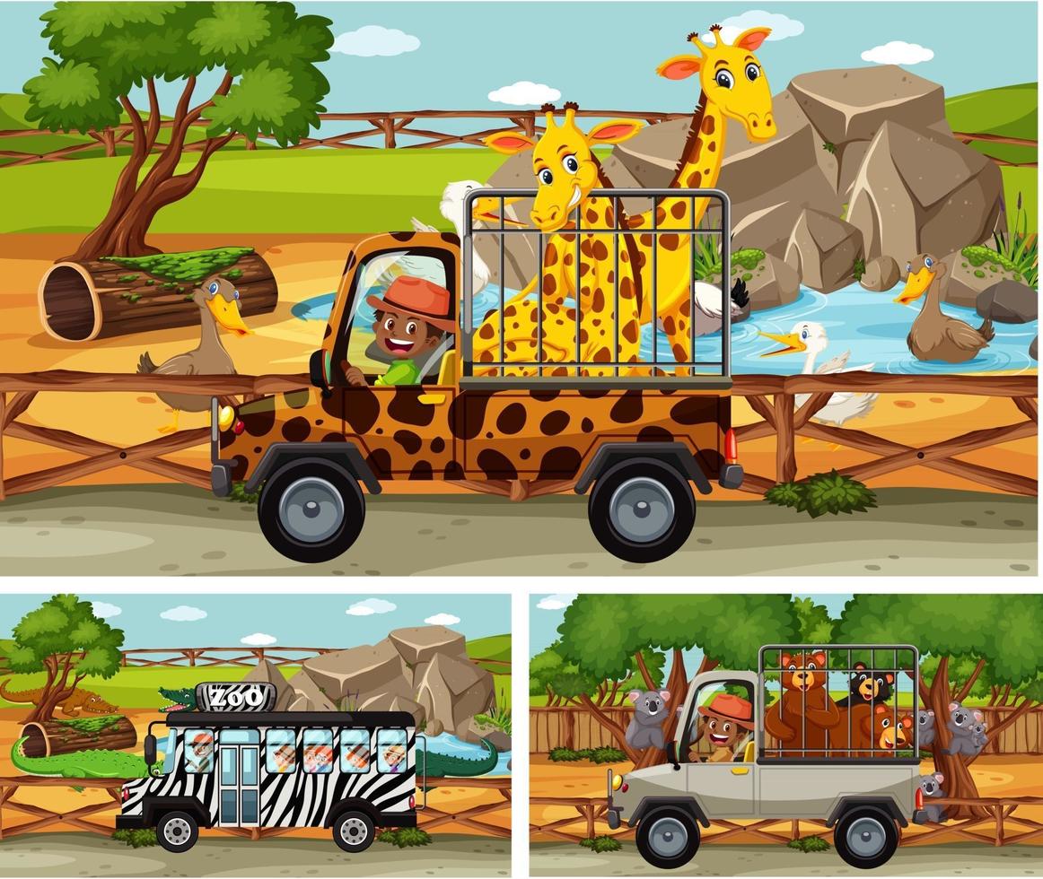 olika safari scener med djur och barn seriefigur vektor