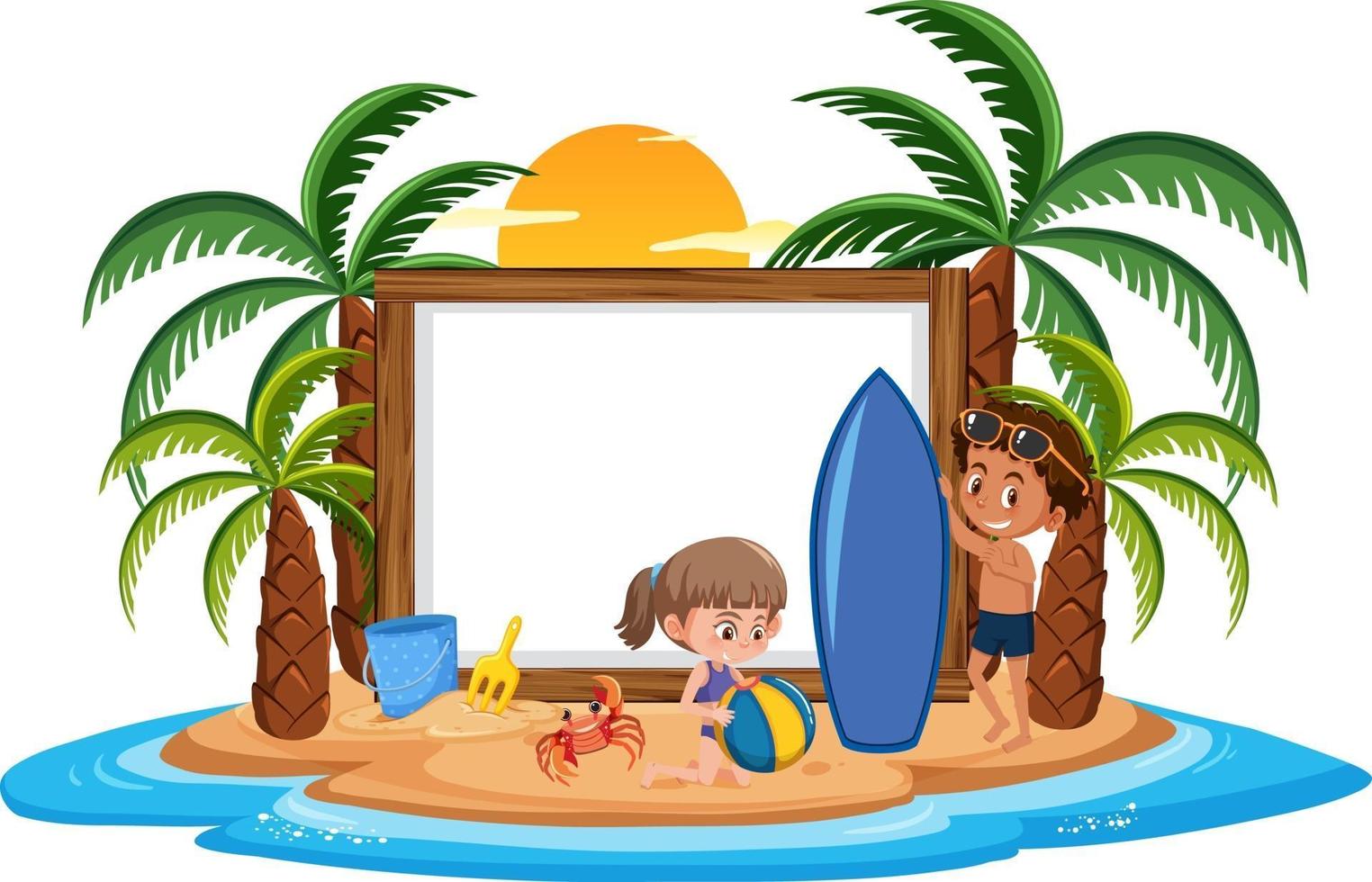 Tom banner mall med barn karaktär på sommarsemester på stranden på vit bakgrund vektor