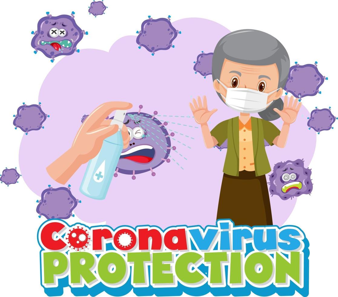 Coronavirus-Schutzbanner mit alter Frau-Cartoon-Figur mit medizinischer Maske vektor