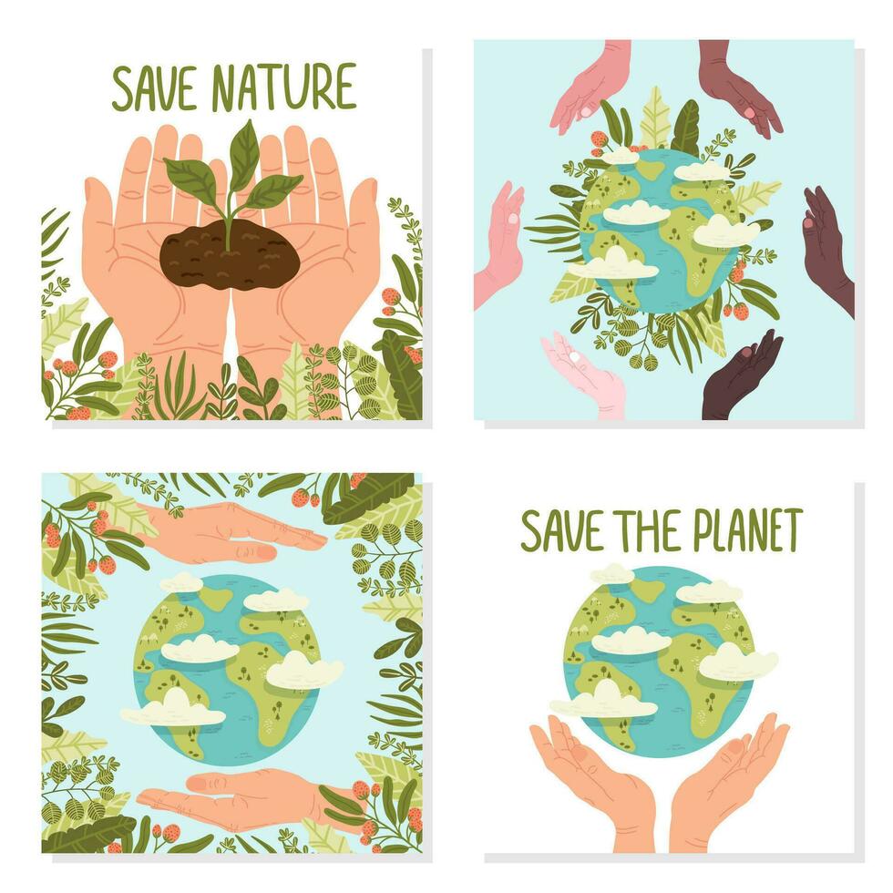 Lycklig jord dag spara natur. vektor eco illustration samling för social media, affisch, baner, kort, flygblad på de tema av sparande planet, mänsklig händer skydda jord