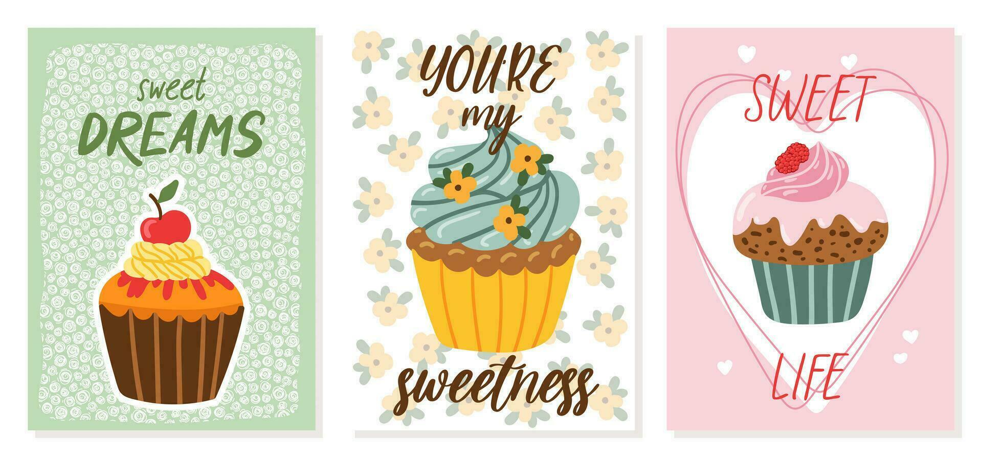 Gruß Karte Vorlage Sammlung süß Karikatur Cupcake zum Geburtstag, Valentinsgrüße Tag, Sammelalbum oder Bäckerei Design Postkarte, Poster oder Banner. vektor