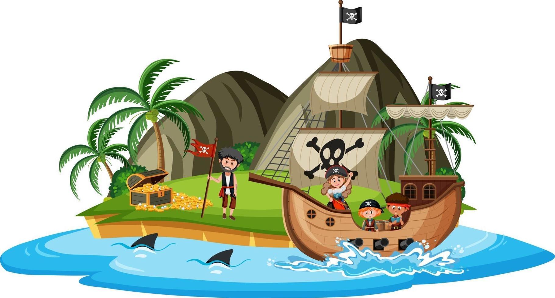 Piratenschiff auf der Insel mit vielen Kindern lokalisiert auf weißem Hintergrund vektor