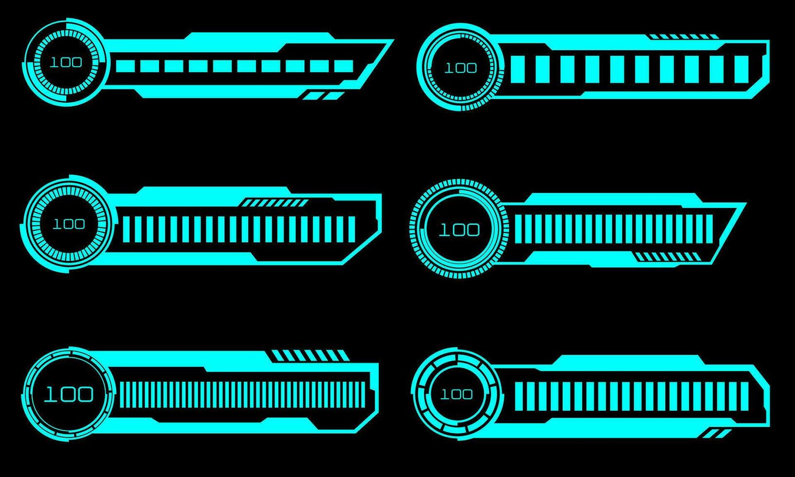 uppsättning av hud modern läser in framsteg barer användare gränssnitt element design teknologi cyber blå på svart trogen vektor