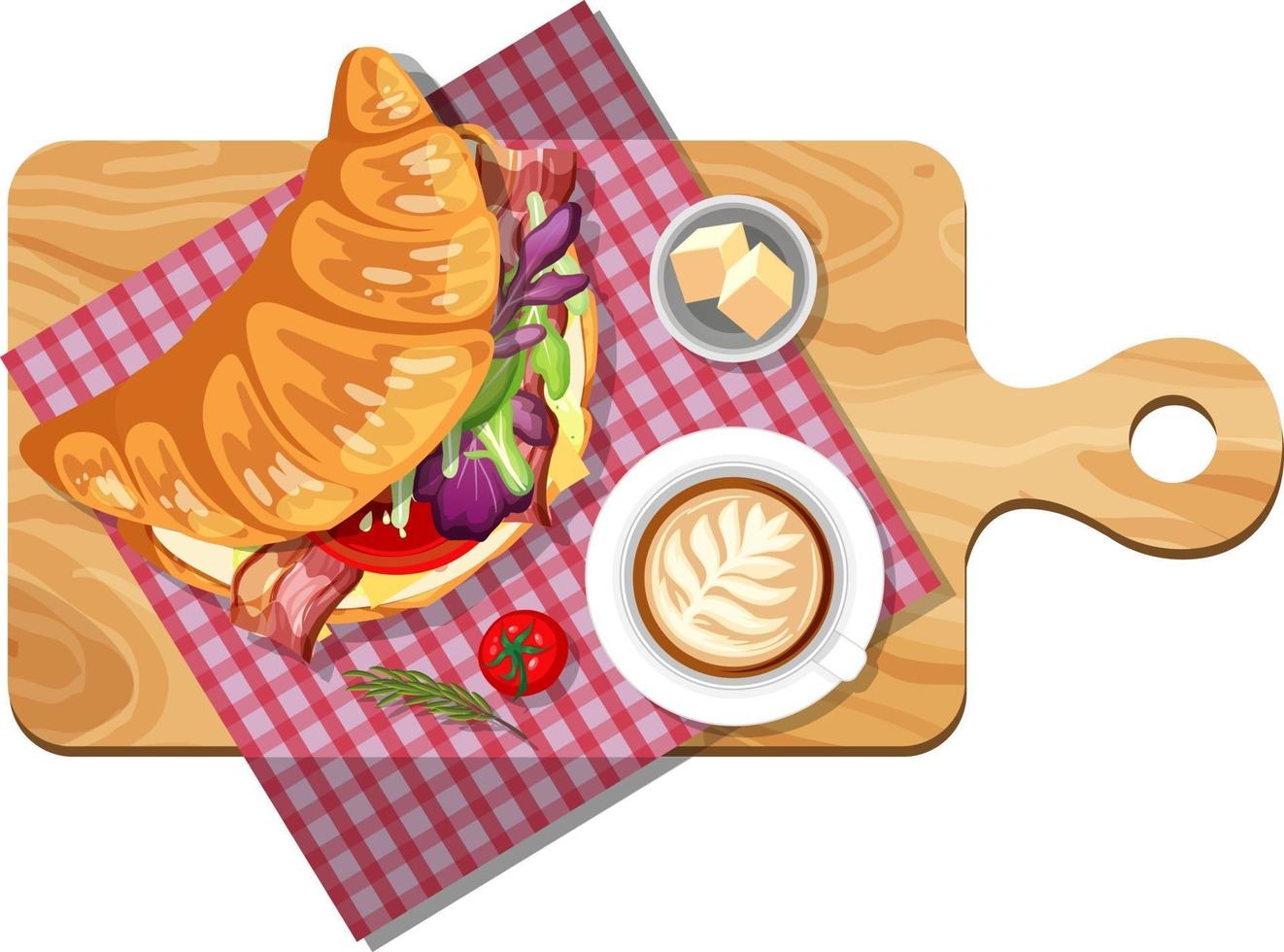 Frühstücksset mit Croissant-Sandwich und einer Tasse Kaffee auf Holzteller vektor
