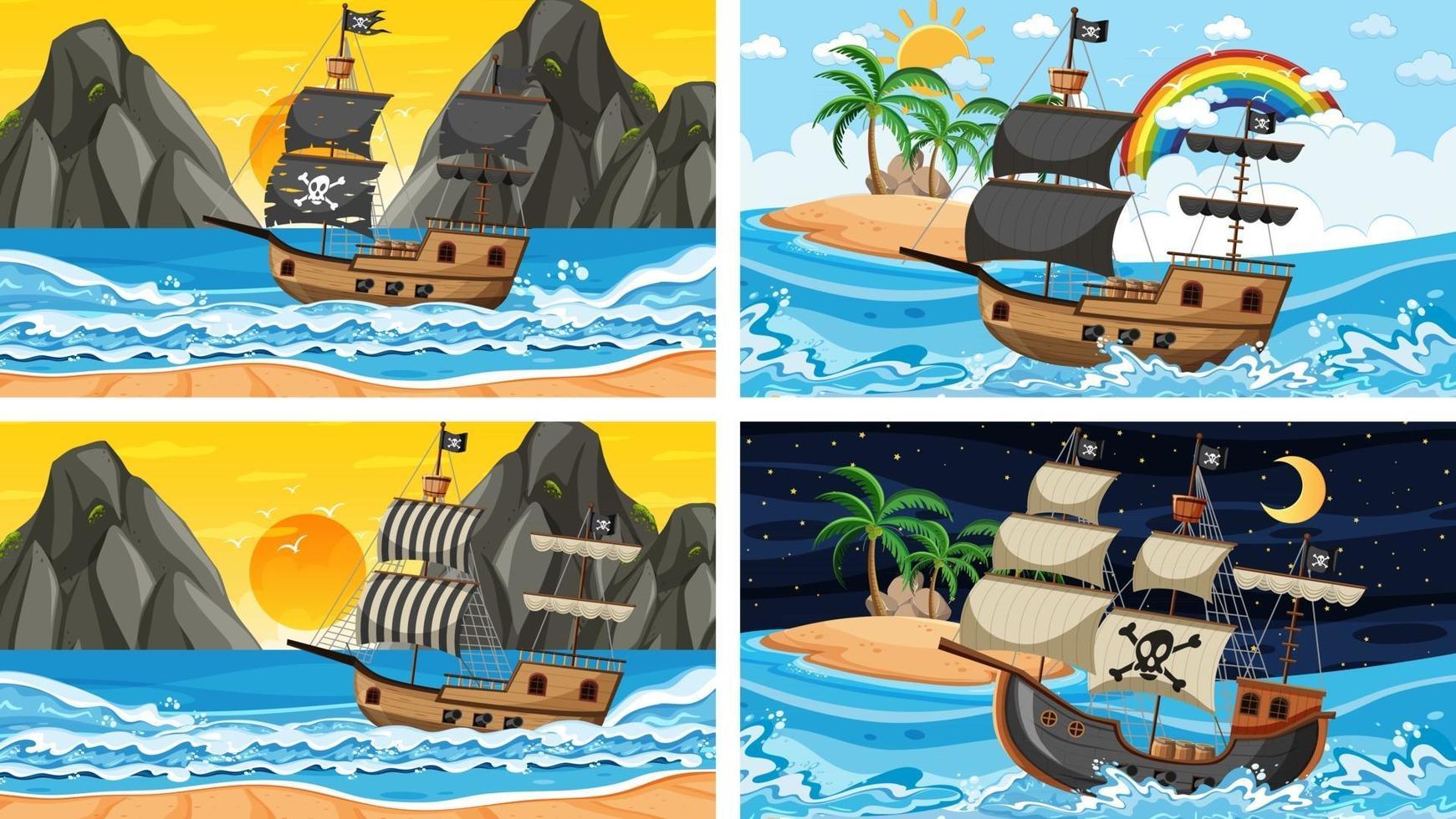 Satz Ozean mit Piratenschiff zu verschiedenen Zeiten Szenen im Cartoon-Stil vektor