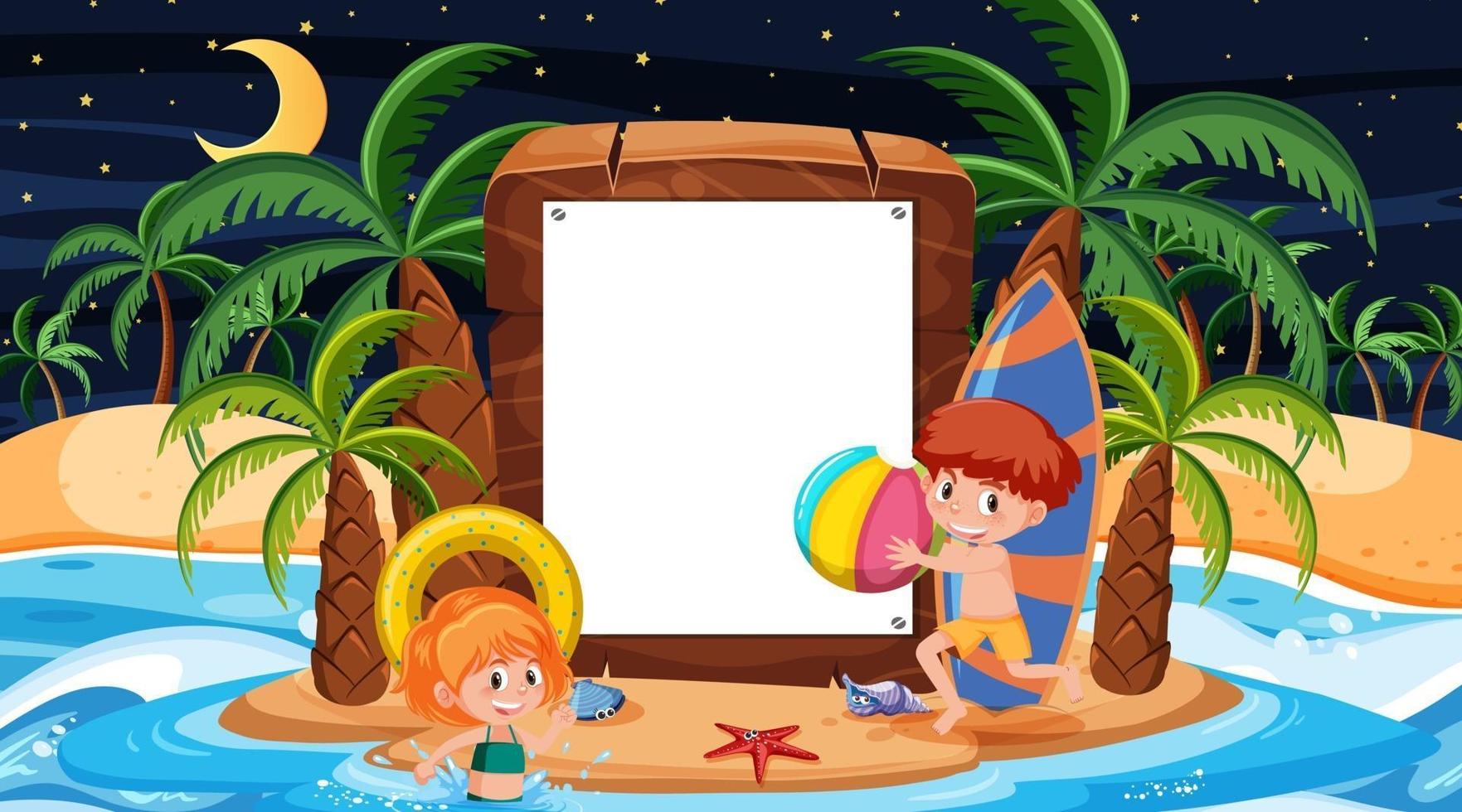 barn på sommarlov på stranden natt scen med en tom banner mall vektor